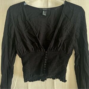 Forever 21 Black Smocked Button-Up Blouse